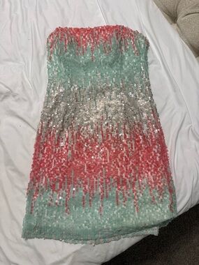 Sequin Ombre Strapless Dress in Mint, Coral & Silver